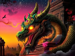 Fototapeta premium Majestic Dragon Statue in Ancient Ruins: A Stunning Poster for Your Sports Room, Featuring Glowing Eyes and Mystic Smoke Under a Starlit Sky