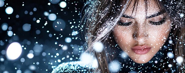 A close-up portrait of a woman surrounded by falling snowflakes, conveying a serene and dreamlike winter atmosphere.