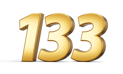 3d number 133 one hundred thirty three Gold text isolated on white background with reflection 3d illustration