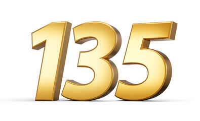 3d number 135 one hundred thirty five Gold text isolated on white background with reflection 3d illustration