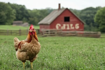 Hen standing in grass in front of red barn on farm