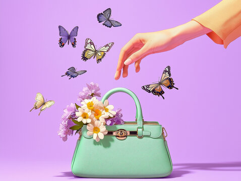 Advertising photo of a pastel green, small handbag with flowers and butterflies flying out from it on purple background. Style fashion magazine