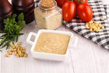 Delicious walnut creamy sauce in the bowl