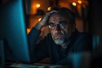 Misery,Stressed middle-aged professional man with hands on head working at computer desk in dim office, expressing pessimism and job stress, gloomy mood, modern corporate environment