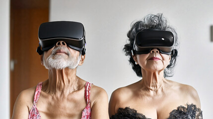 Naklejka premium Senior couple exploring virtual reality wearing vr headsets