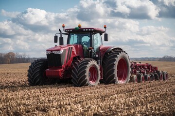 Obraz premium Powerful red tractor preparing soil for seeding on farmland