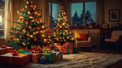 Nostalgic 1970s Christmas Scene with Colorful Decorations