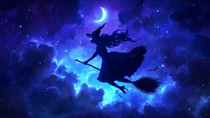 Halloween Witch Silhouette Flying on a Broom