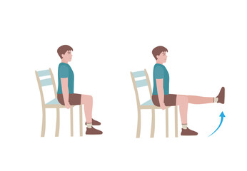 Exercises that can be done at-home using a sturdy chair.
Slowly raise the leg until it is horizontal. Hold for five seconds, and slowly let it return to the ground.  with Knee Extension posture. 