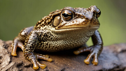 A close-up photo of a toad sitting on the ground with a detailed focus on its textured skin and colors.