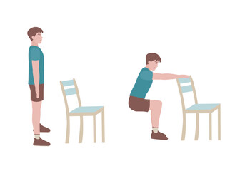 Exercises that can be done at-home using a sturdy chair.
Extend arms in front and level with the shoulders. Slowing bending at the hips and lower down to sit on the chair. with Chair Squats posture. 