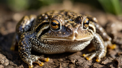 Fototapeta premium A close-up photo of a toad sitting on the ground with a detailed focus on its textured skin and colors.