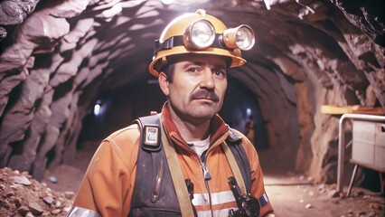 Fototapeta premium Miner in the Mine. Well-Uniformed Miner Inside Mine