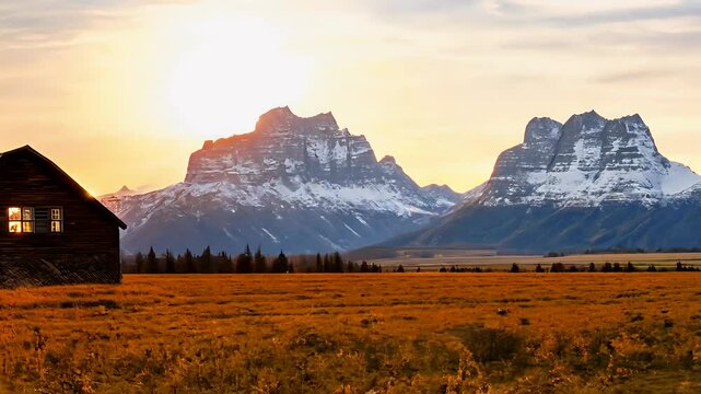 widepanning 4K shot sunrise iconic Mormon Row Barn Grand Teton mountains National Park capturing stunning natural beauty panning america mountain beautiful blue famous landmark landscape wyoming hole