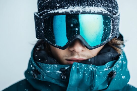 A close-up view of a skier wearing reflective goggles and comprehensive winter attire, epitomizing the adventurous and resilient spirit of winter sports enthusiasts.