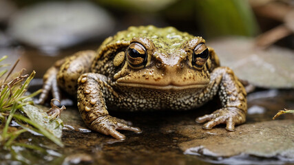 Obraz premium A close-up photo of a toad sitting on the ground with a detailed focus on its textured skin and colors.