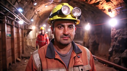 Fototapeta premium Miner in the Mine. Well-Uniformed Miner Inside Mine