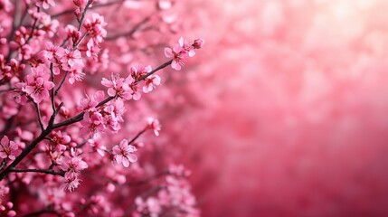 Obraz premium Delicate pink cherry blossoms grace the branches of trees, creating a vibrant display against a softly blurred background. The scene captures the essence of spring, inviting a sense of tranquility and