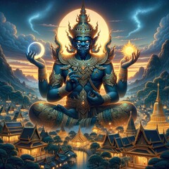 Fototapeta premium Cosmic Deity of Balance: A Majestic Demon God Holding the Sun and Moon, Towering Above a Serene Village at Twilight, Symbolizing Harmony Between Night and Day
