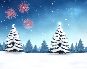 Obraz premium serene winter landscape featuring snow covered trees under starry sky, with colorful fireworks illuminating night. scene evokes sense of joy and celebration