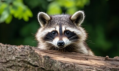 Obraz premium raccoon peeking around a tree trunk, Generative AI