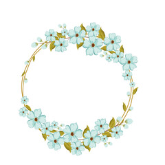 Elegant Floral Wreath with Light Blue Flowers and Green Leaves on White Background