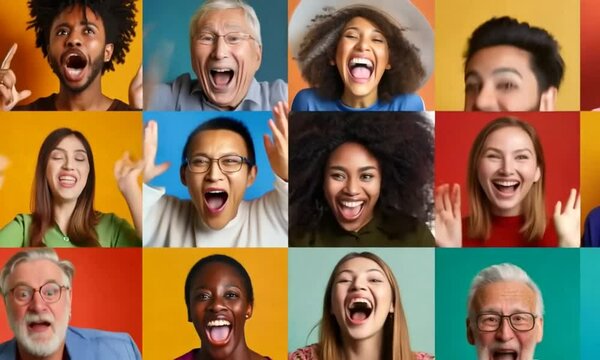 A collage of diverse portraits representing different ethnicities and ages, each person smiling against vibrant color backgrounds. The photos should be arranged in a grid pattern with the individuals