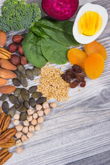 Ingredients containing natural iron, minerals and vitamins. Best food to fight with anemia. Healthy eating