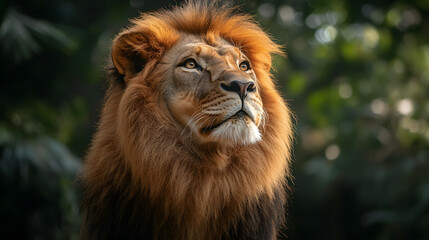 A male lion looking up in the jungle