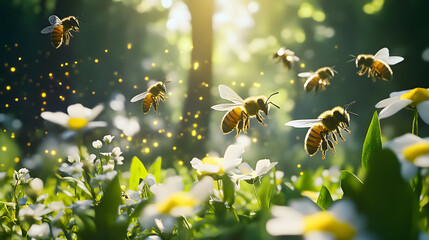 Scenery of a swarm of bees collecting nectar from flowers