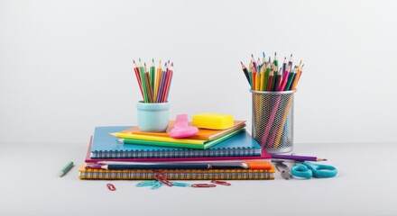 Obraz premium Stack of Colorful Notebooks, Pencils, and Scissors on White Background