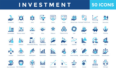 Investment icon set with portfolio, asset, securities, stocks, bonds, mutual funds, exchange traded funds, index funds, real estate, commodities icon. Simple flat vector 
