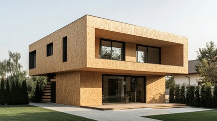 Modern Plywood Home: A minimalist, modern home with a sleek exterior clad in natural plywood. The house is built with a focus on sustainability and environmental consciousness.