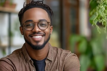 A cheerful young man with glasses and a stylish shirt sits in a charming café, surrounded by lush plants. His friendly smile exudes a relaxed and welcoming atmosphere, ideal for enjoying a casual gath