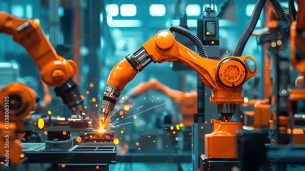 Poster Revolutionizing manufacturing industrial robots enhancing welding processes in modern factories for optimal efficiency and precision