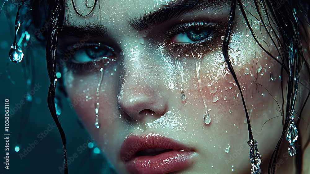 Poster dramatic closeup of a wet face captured in intense lighting emphasizing emotions with striking water