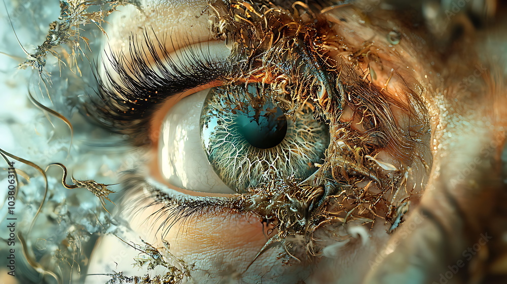 Poster exploring the intricacies of eye detail through organic textures and vivid colors in a surreal artis
