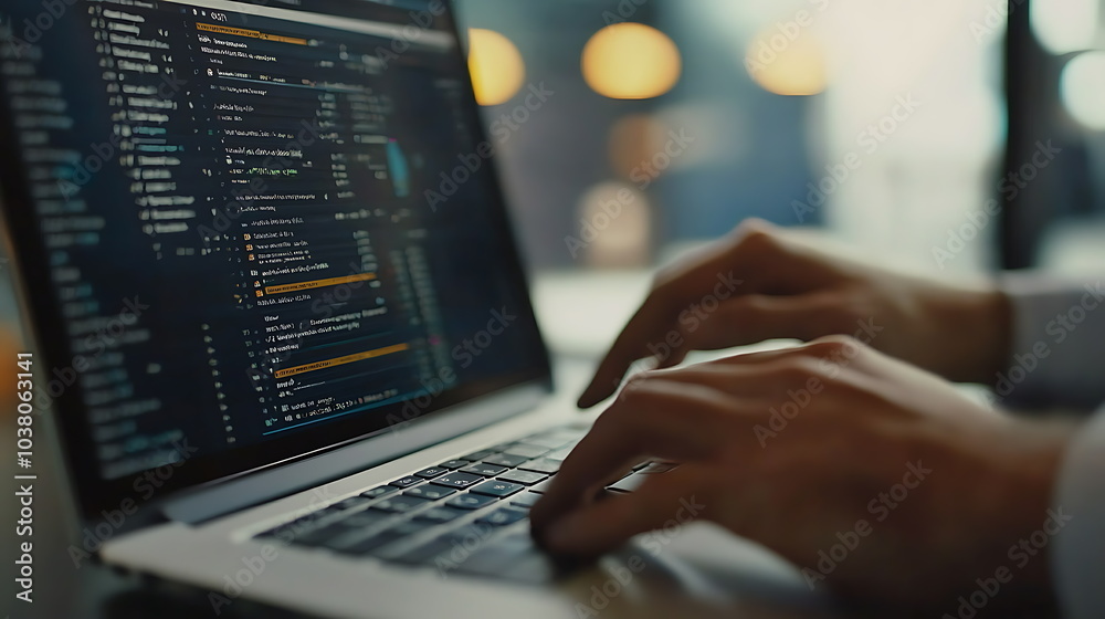 Aufkleber Dynamic hands engaged in coding a close-up of a developer typing on a laptop keyboard with complex code on screen