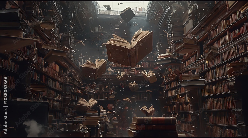 Poster whispers of the forgotten discovering the enchantment of an ancient library filled with flying books