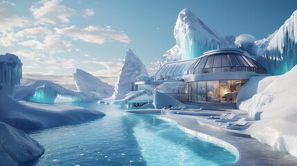 Experience luxury at an iceberg hotel featuring thermal pools amidst stunning glacial landscapes
