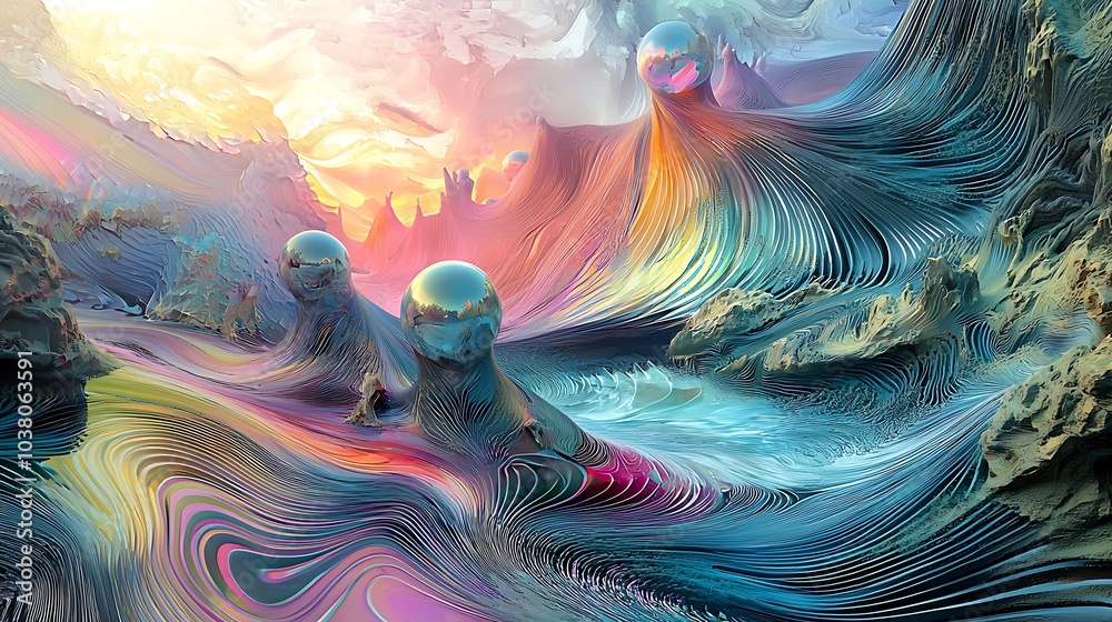 Poster a surreal landscape where air ripples with shifting colors and form merging reality with fantasy in 