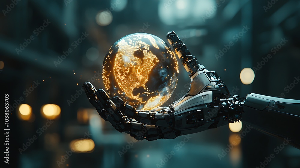 Aufkleber a futuristic robot hand embracing a radiant globe symbolizing global connectivity and technological 