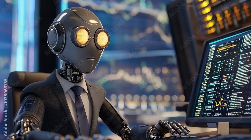 Poster Futuristic trading a robot in a suit and tie mastering the financial market from a high-tech desk