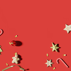 Flat lay Christmas decorations on red background. 3d rendering