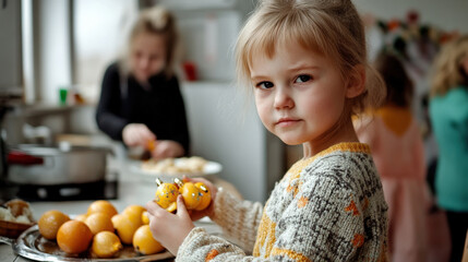 Fototapeta premium young girl holds oranges in cozy kitchen, showcasing her focus and curiosity while preparing food. warm atmosphere highlights family moments and togetherness