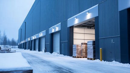 Obraz premium Winter Warehouse Loading: Cargo awaits transport outside a modern, sleek warehouse on a snowy winter day.