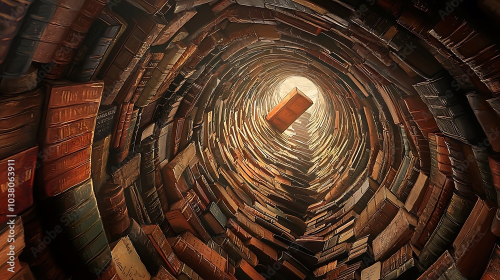 Poster Exploring the enchantment of a library tower constructed from books where the spines form a spiral of knowledge and imagination
