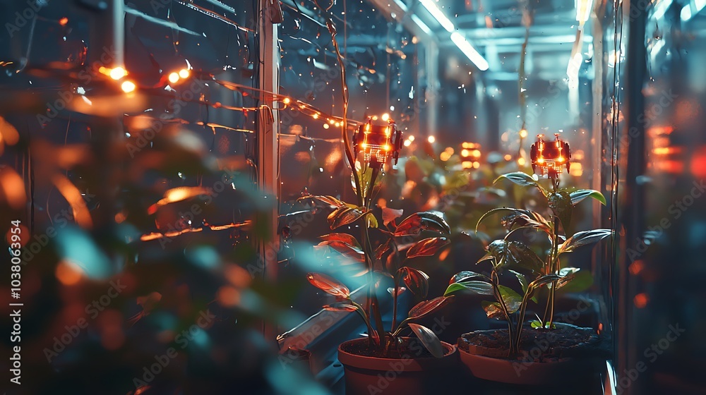 Poster Exploring the fusion of nature and technology a robotic greenhouse where artificial and natural plants coexist harmoniously