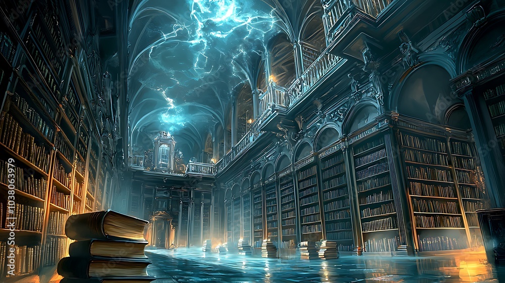 Poster A mystical library of shadows exploring the enigma of empty bookshelves under electric skies and whispered secrets