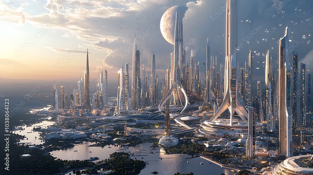 Poster a visionary futuristic cityscape featuring towering structures that evoke images of howling wolves a